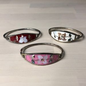 Alpaca Mexican Bracelets Enamel Mother of Pearl Flowers Hinged Cuff set of 3